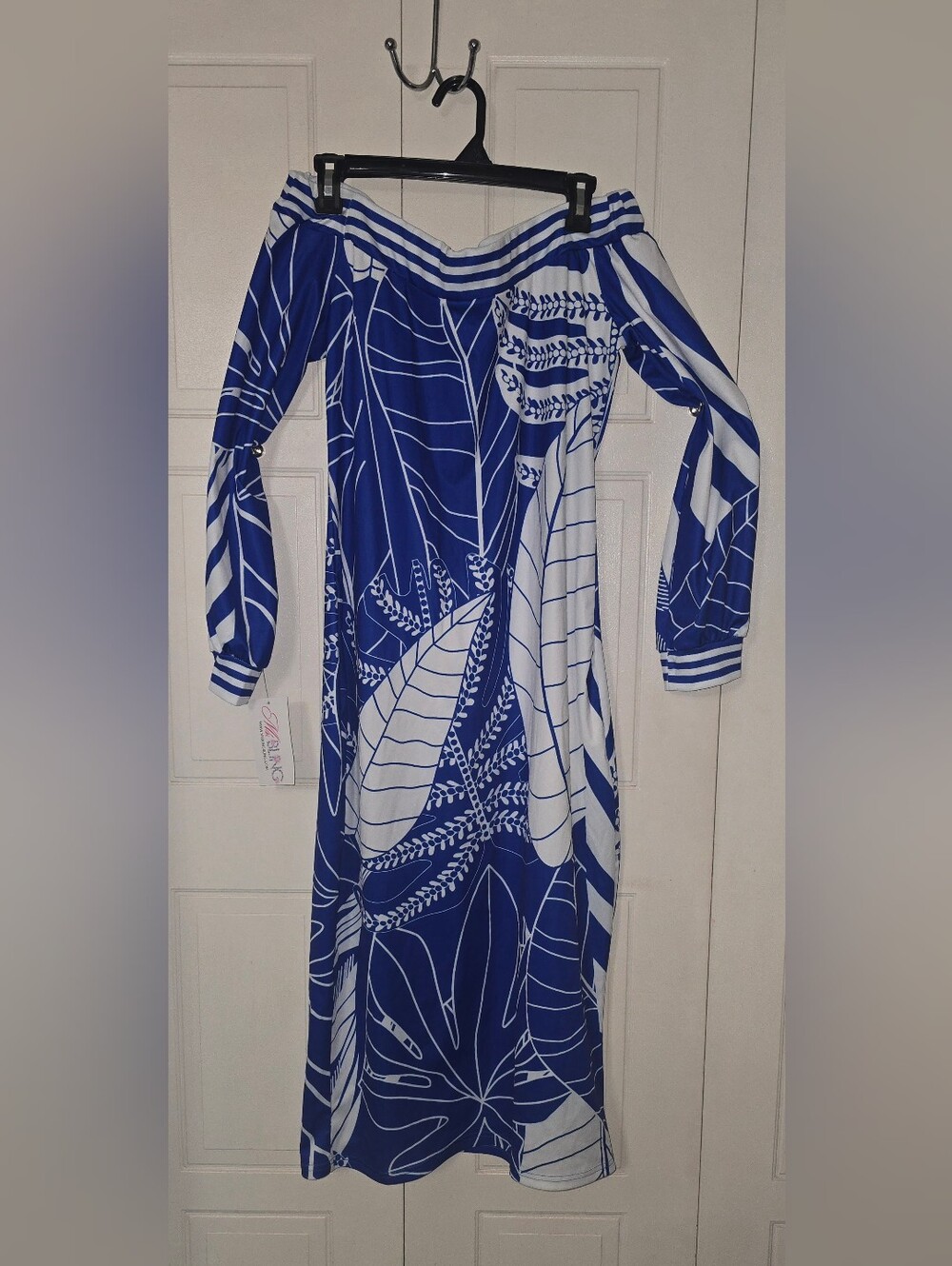 Ms Bling Blue and White Off-Shoulder Tropical Midi Dress - Large